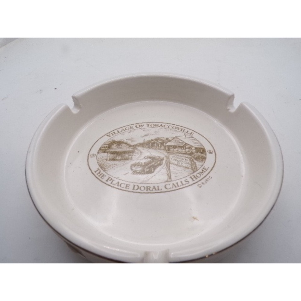 Vintage Doral Village of Tobaccoville RJRTC Ceramic Ashtray Gold Rim Cream 5.25"